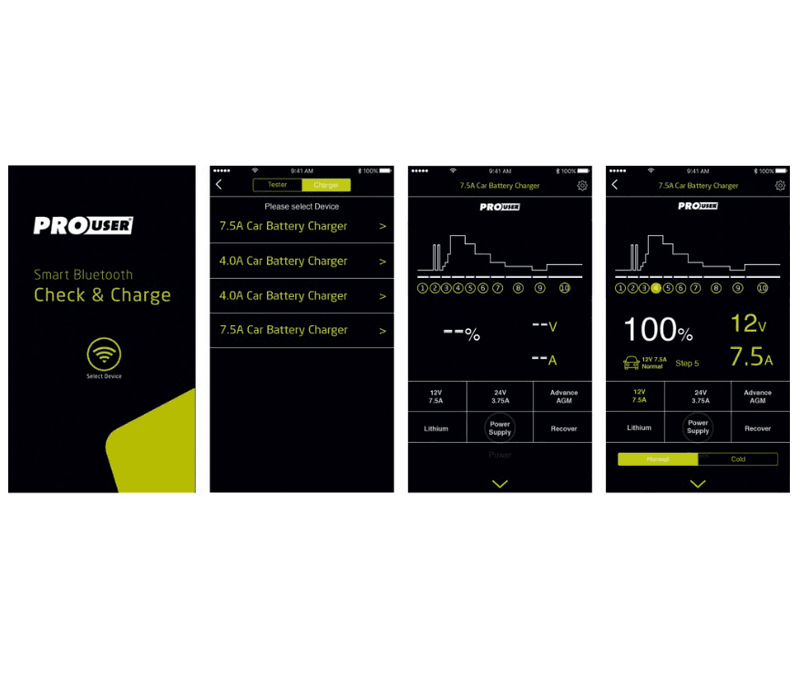 PROUSER Elektronisk Batterilader 12V/24V 7,5A m/ Bluetooth